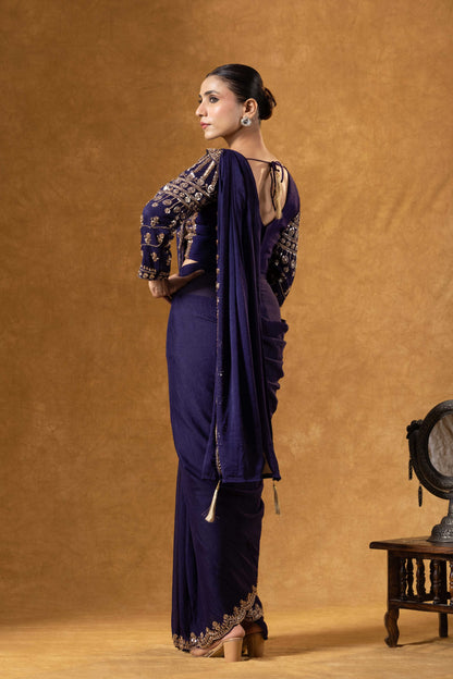 Royal Purple Hand Embroidered Saree Set