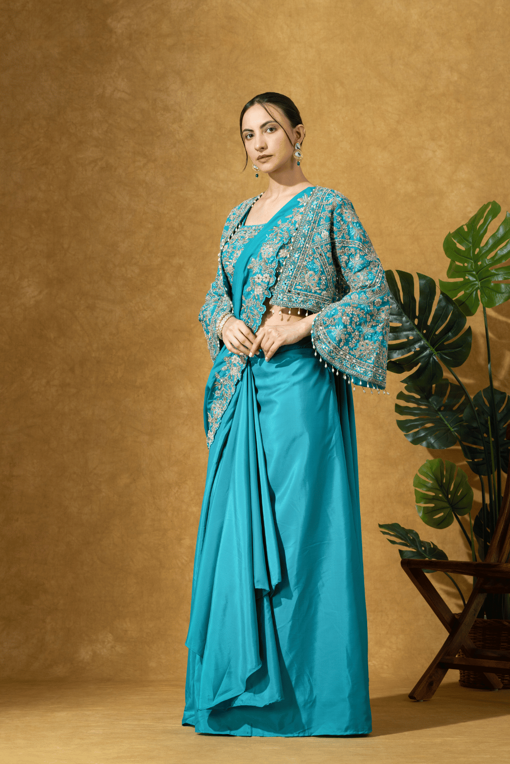 Turquoise Royale Jacket Saree Set