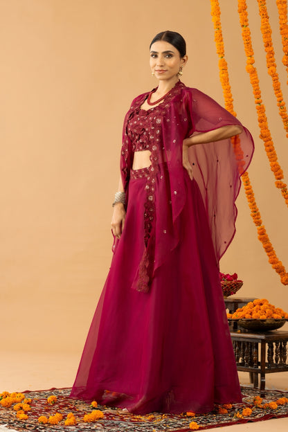 Maroon Lehnga Set with Crop Top &amp; Cape