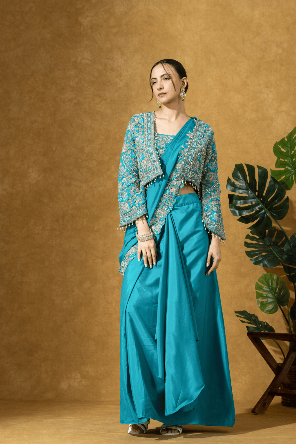 Turquoise Royale Jacket Saree Set