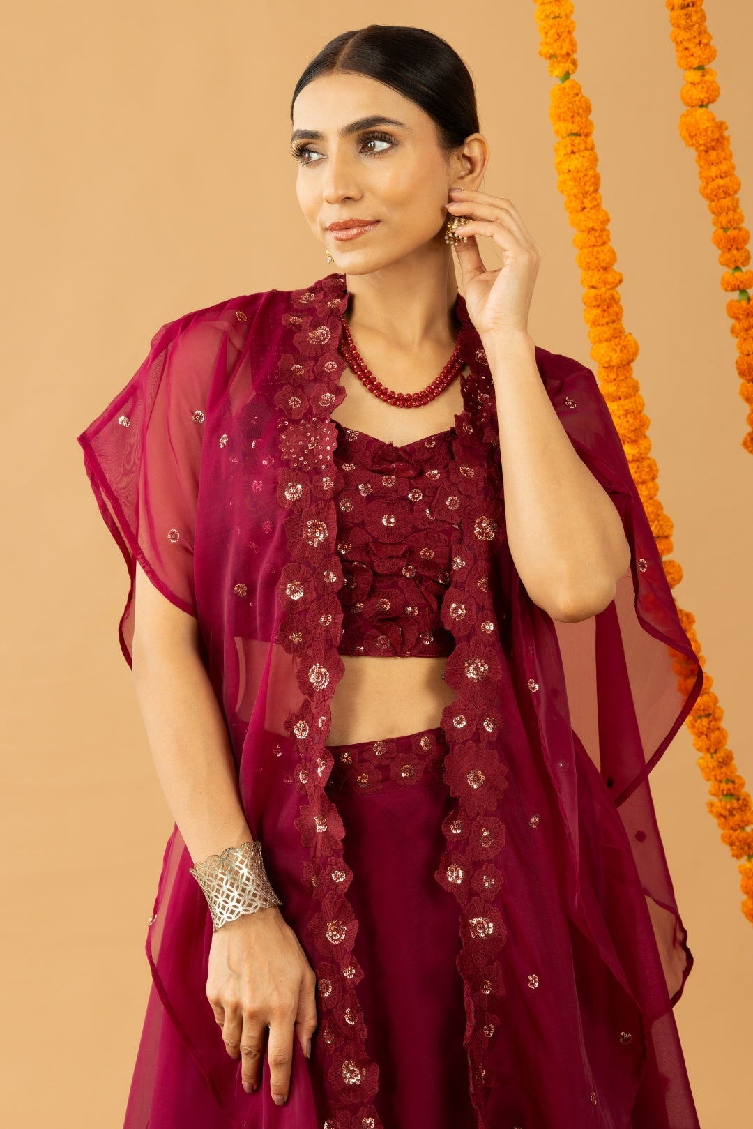 Maroon Lehnga Set with Crop Top &amp; Cape