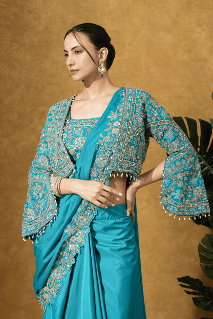 Turquoise Royale Jacket Saree Set