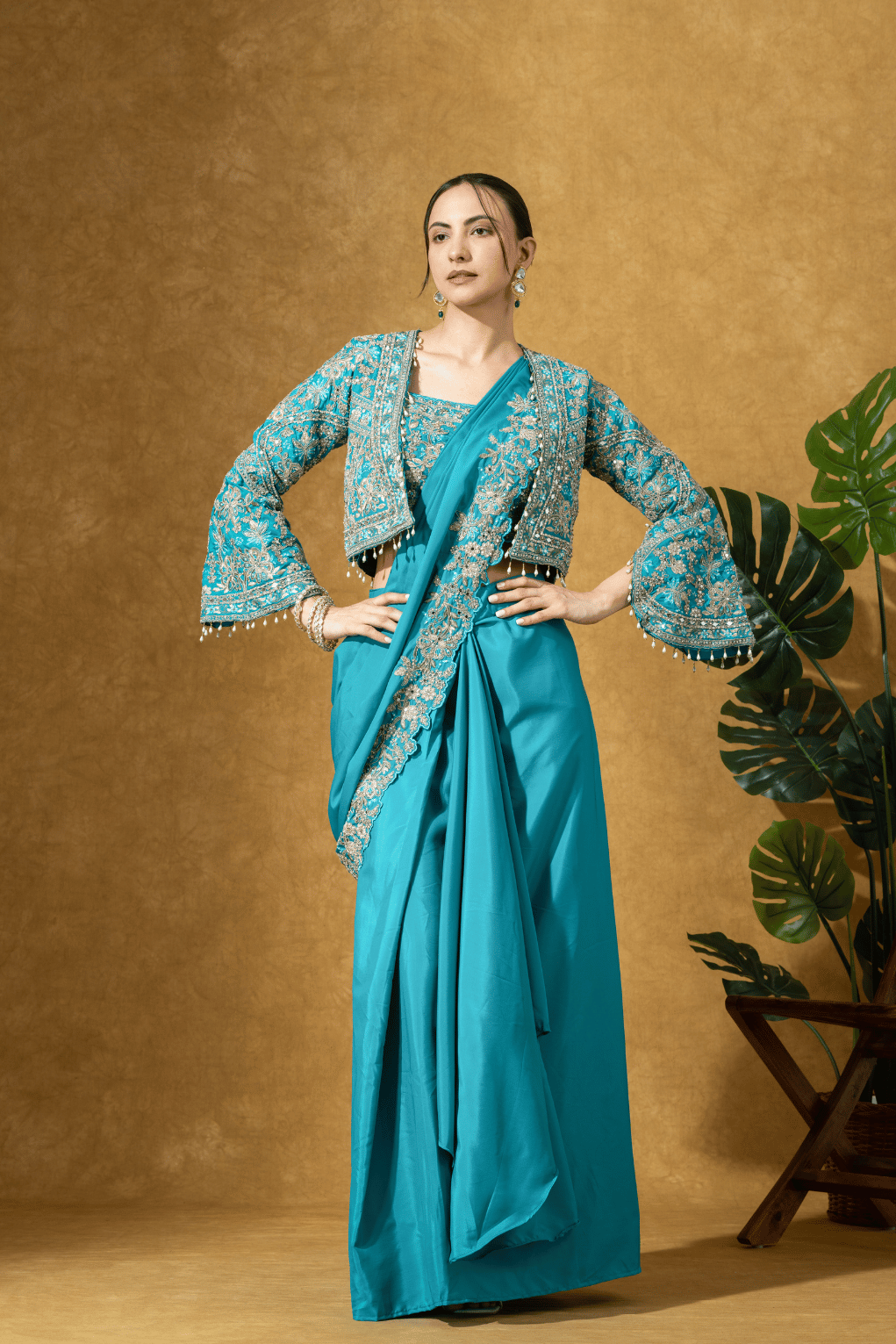 Turquoise Royale Jacket Saree Set
