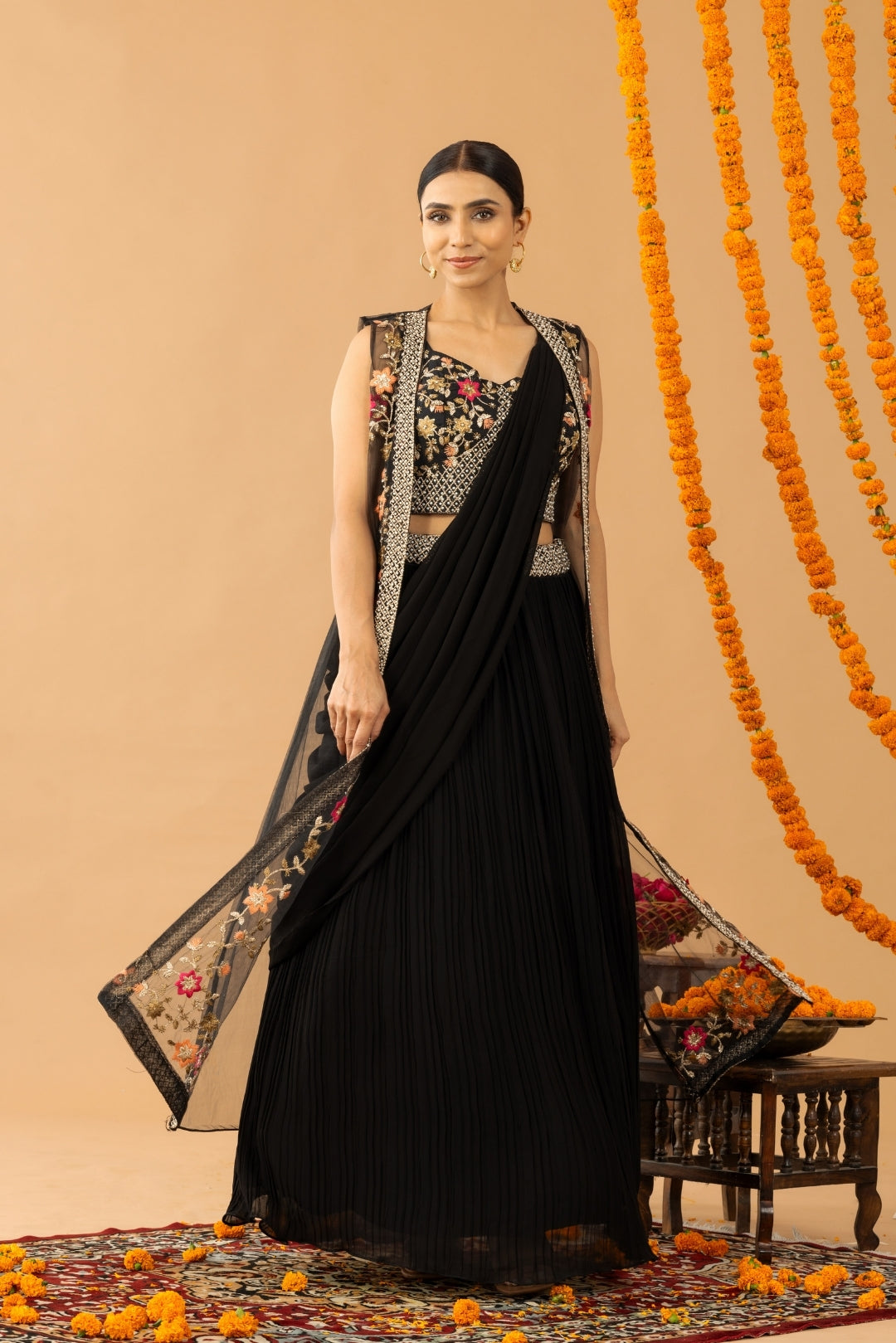 Black Georgette Draped Jacket Saree Set