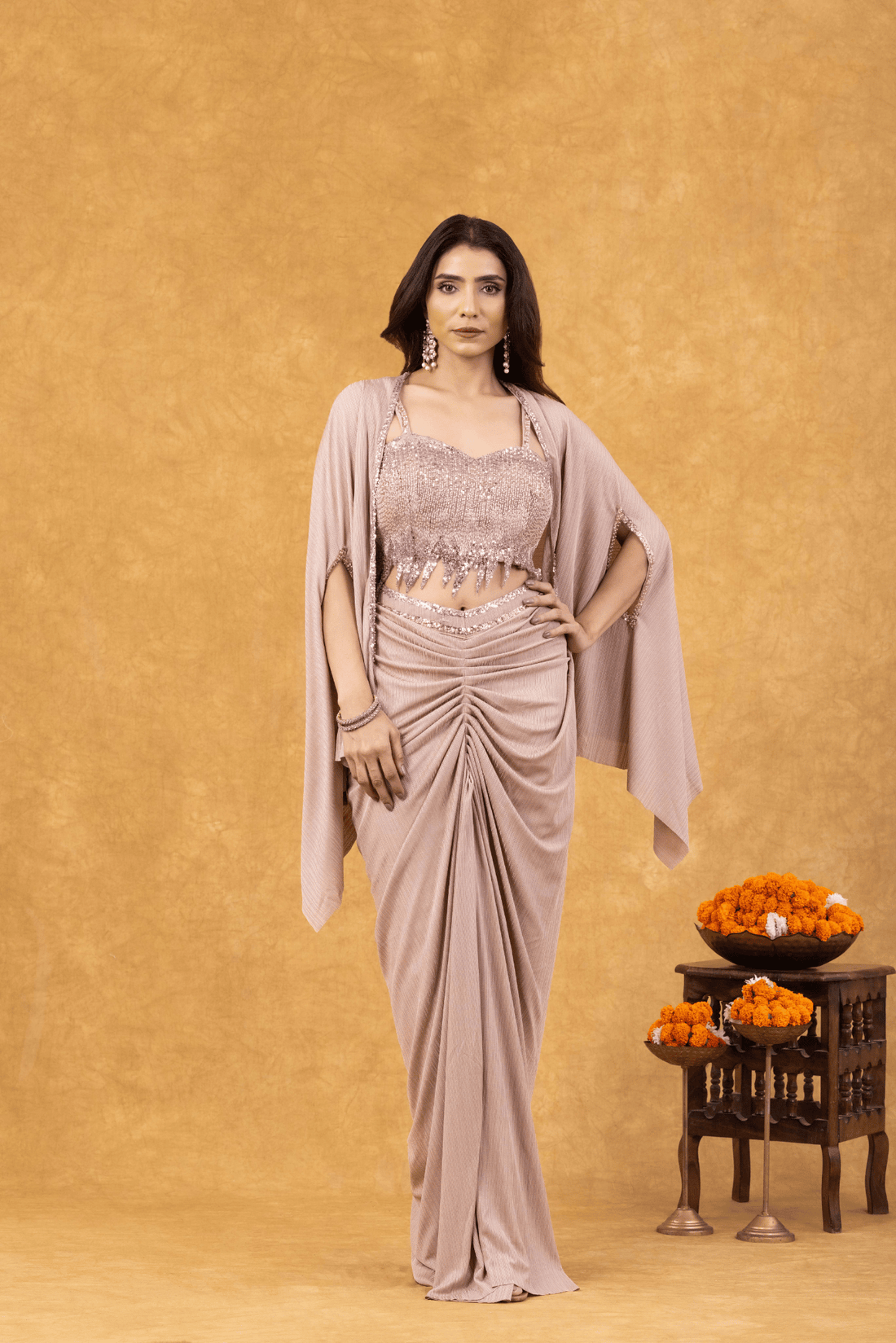 Rose Gold Shimmer Draped with Sequined Bustier &amp; Cape