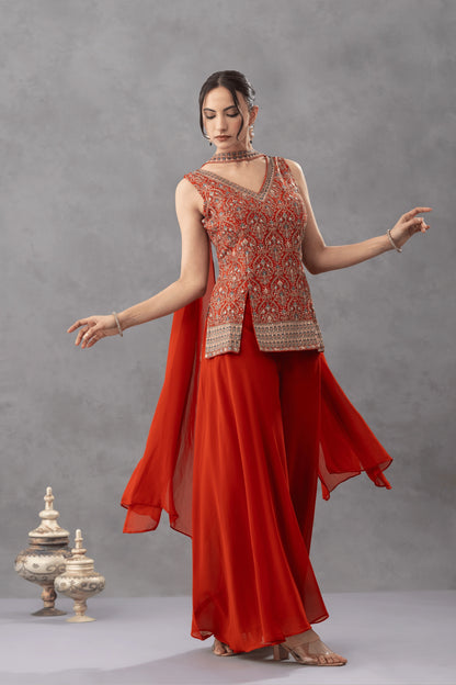 Rust  Embroidered Top with Palazzo Pants