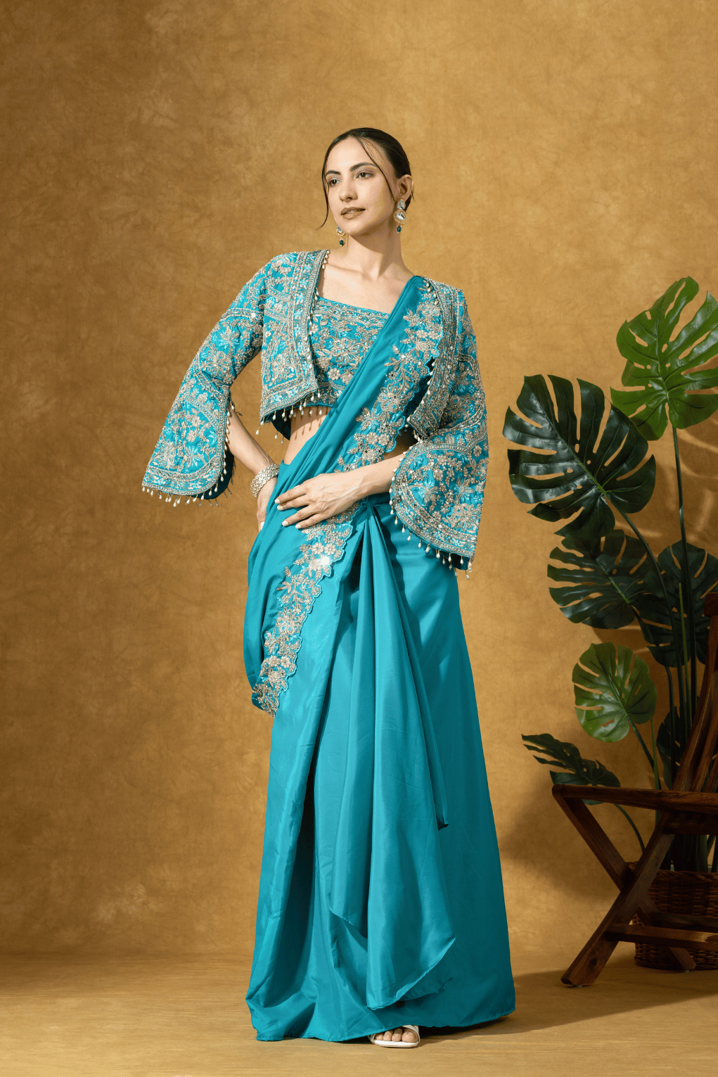 Turquoise Royale Jacket Saree Set