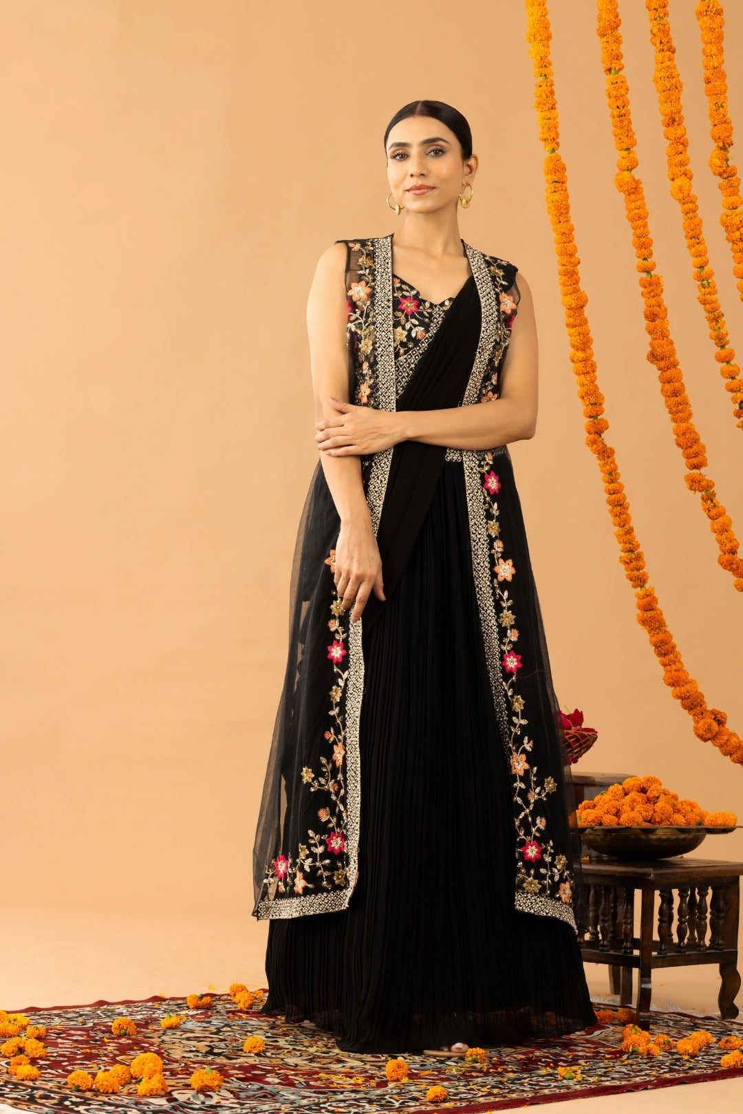 Black Georgette Draped Jacket Saree Set