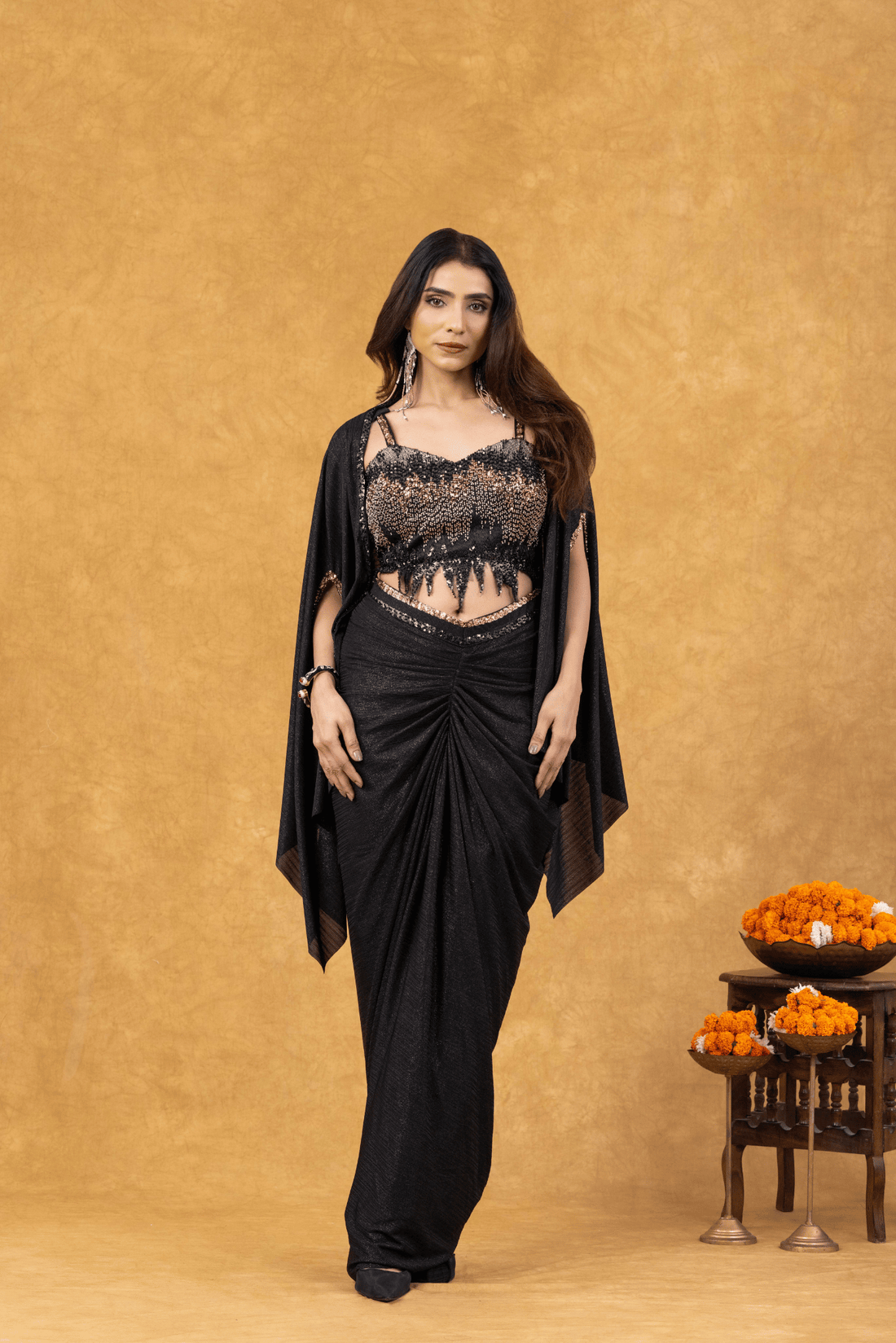 Black Mist Draped with Sequined Bustier &amp; Cape
