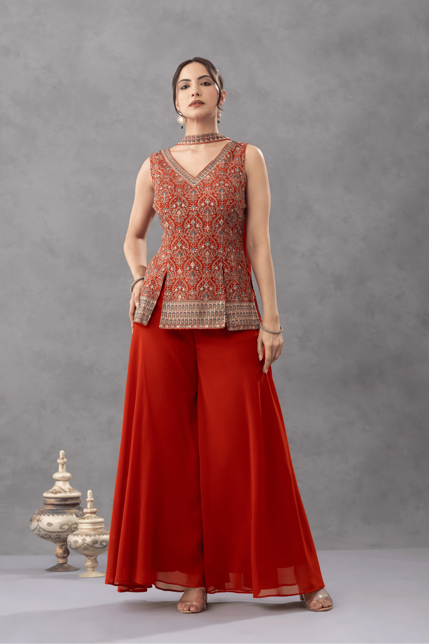 Rust  Embroidered Top with Palazzo Pants