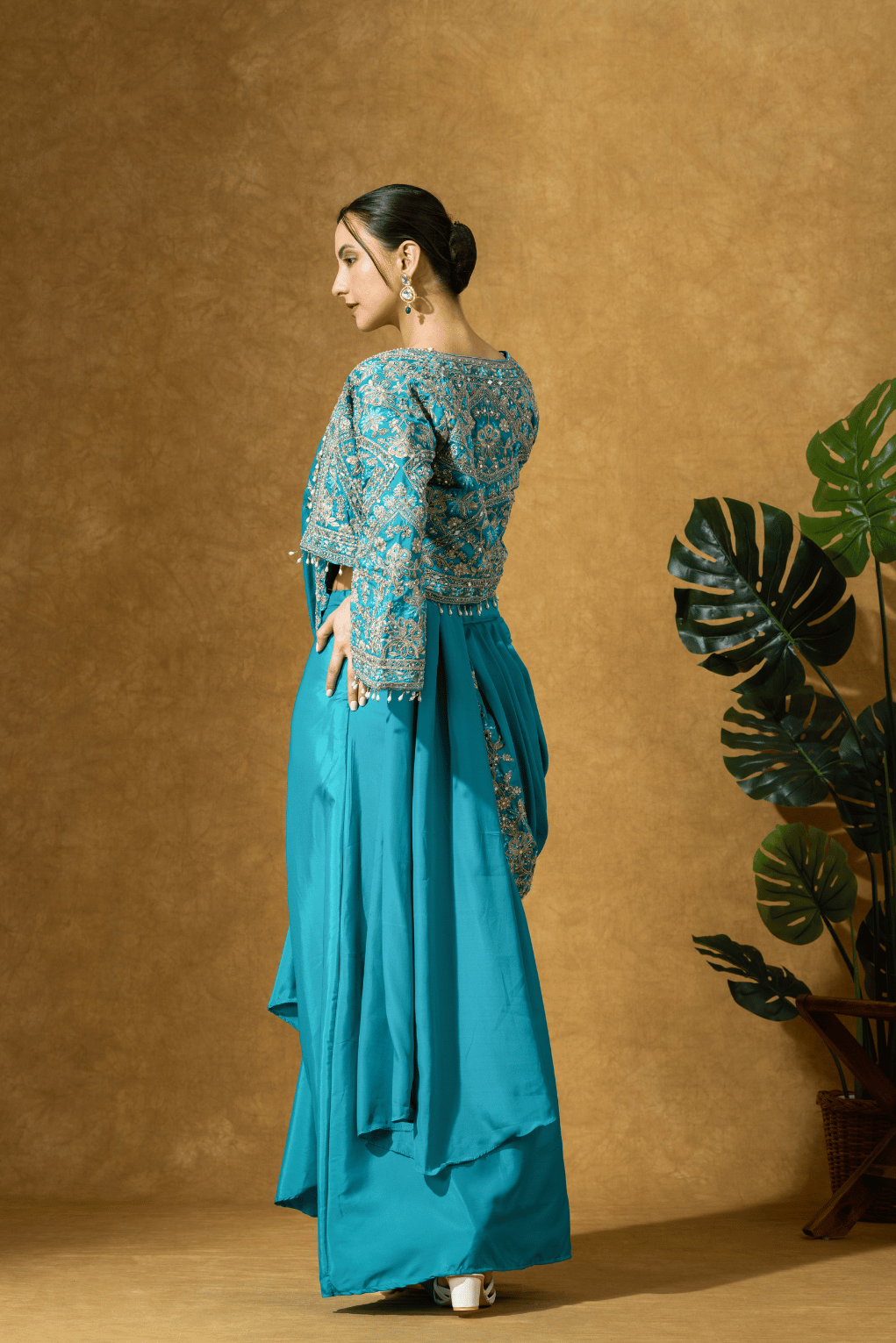 Turquoise Royale Jacket Saree Set