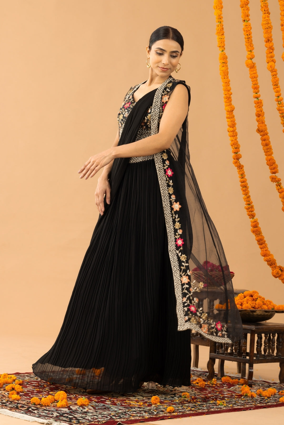 Black Georgette Draped Jacket Saree Set