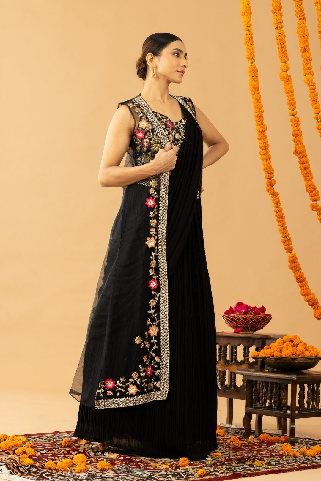 Black Georgette Draped Jacket Saree Set