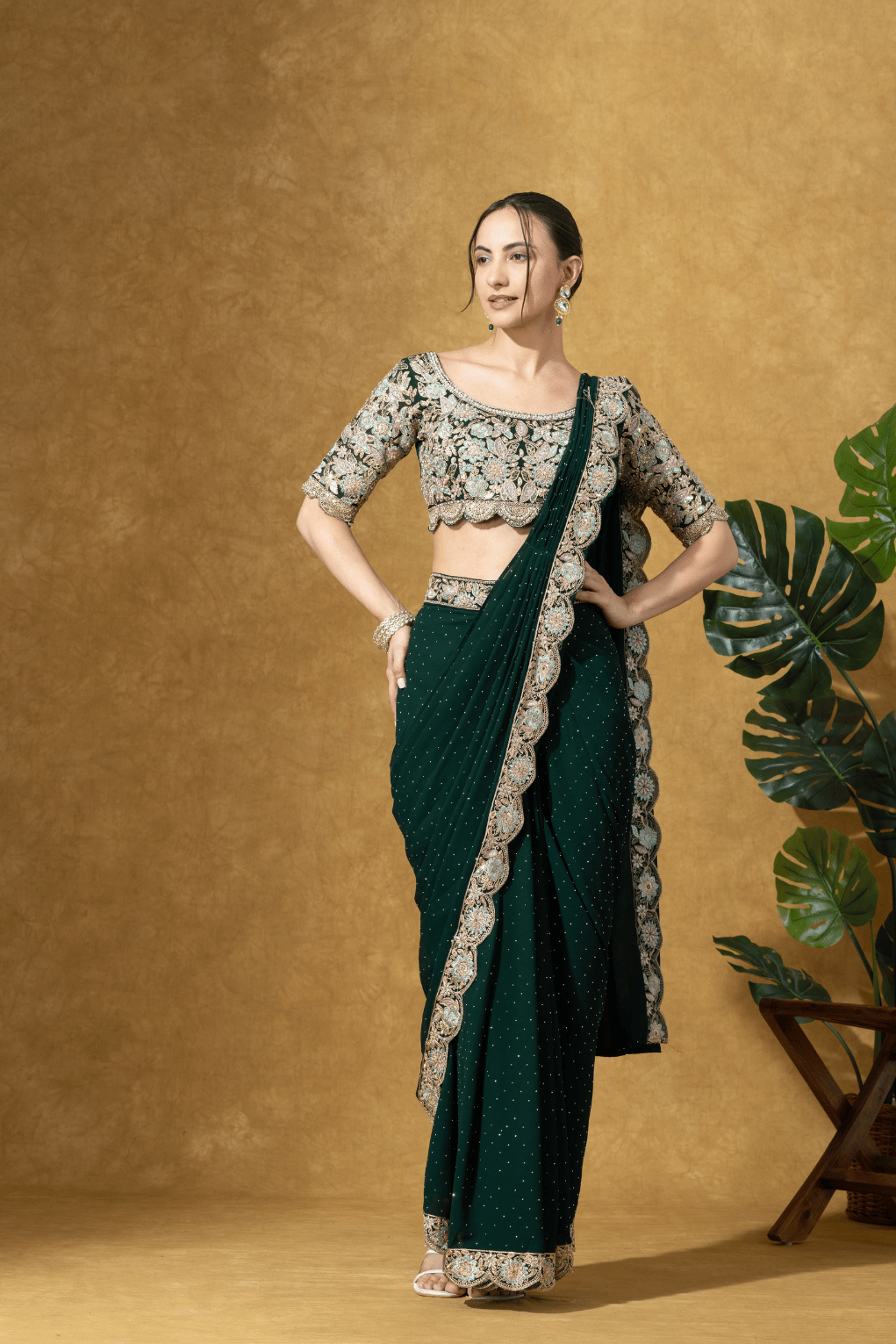 Bottle Green Embroidered Drape Saree Set