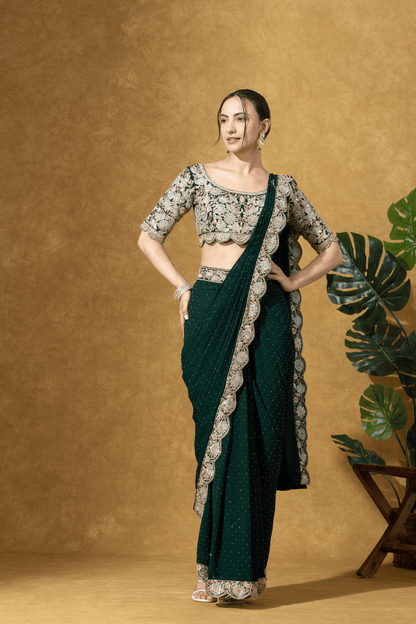 Bottle Green Embroidered Drape Saree Set