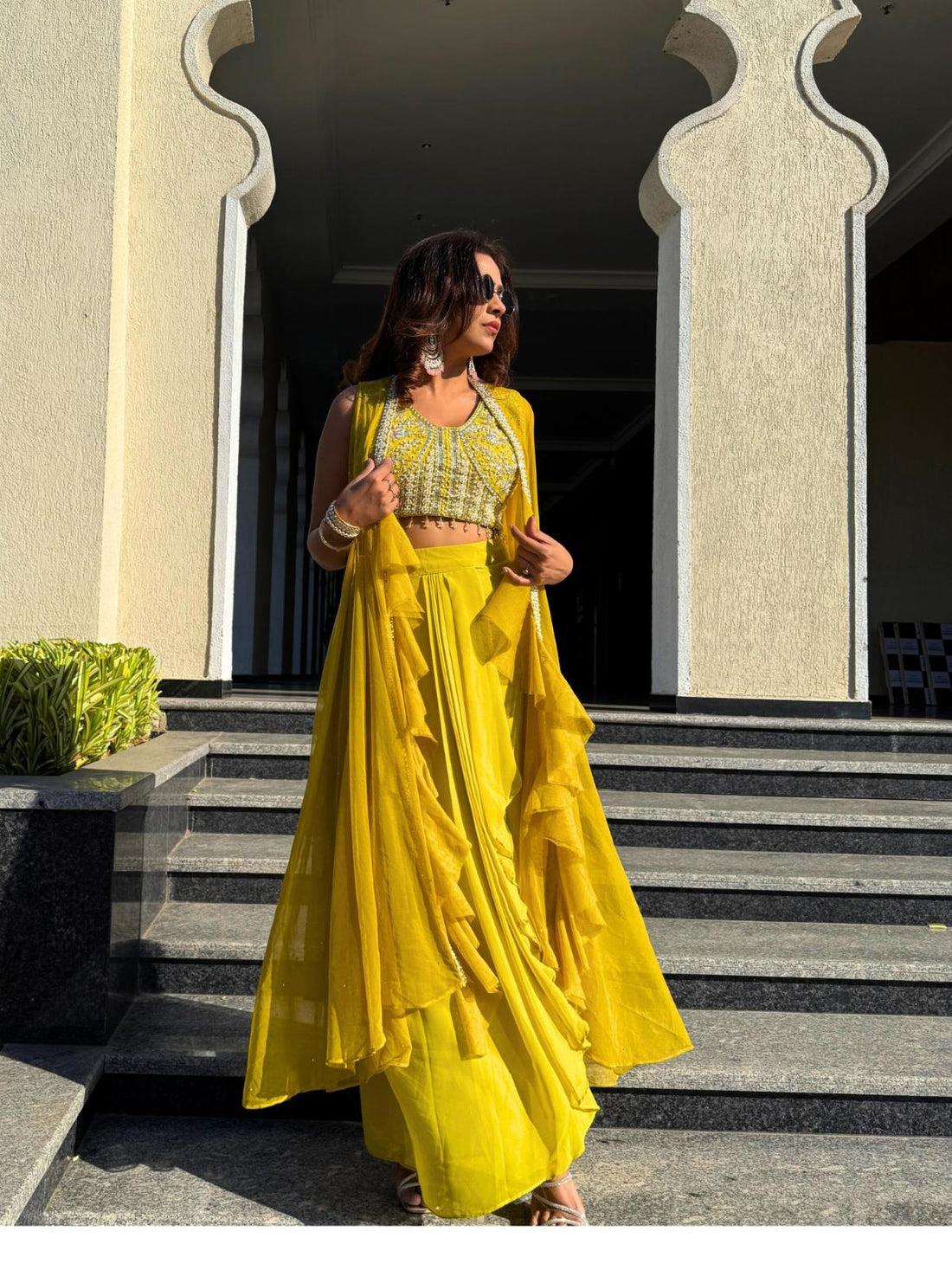 Yellow Embellished Cape Set with Pleated Skirt