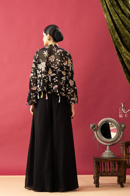 Black Pallazzo Set with Short Embroidered Shrug