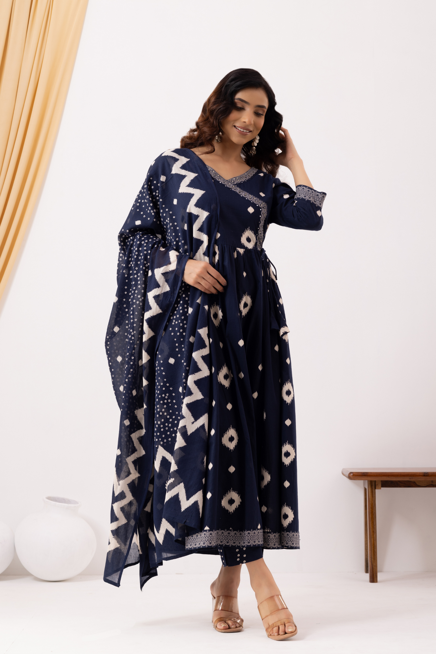 Blue Cotton Printed Angrakha Anarkali Suit Set