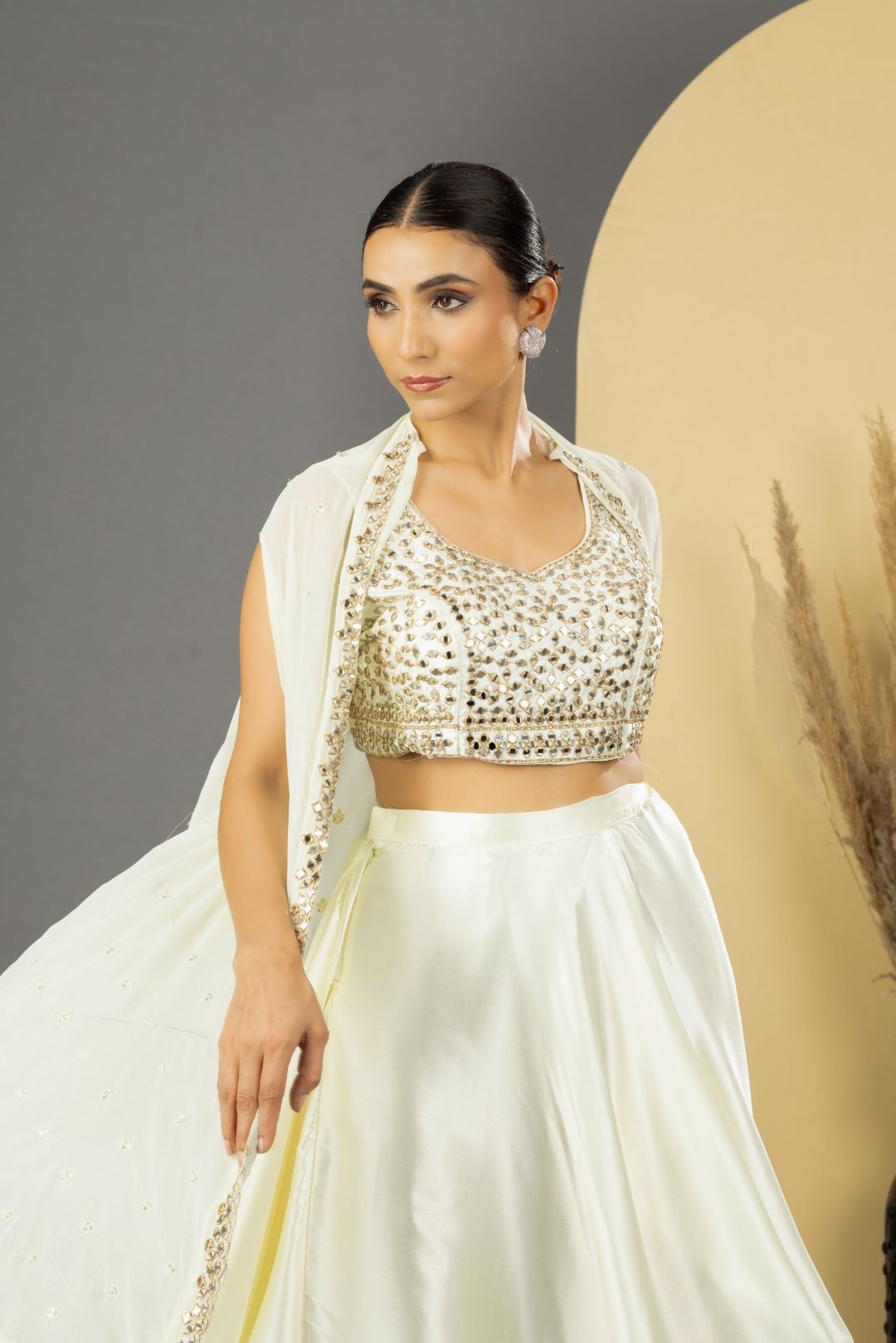 Pearl White Mirror Work Dhoti Style Set in