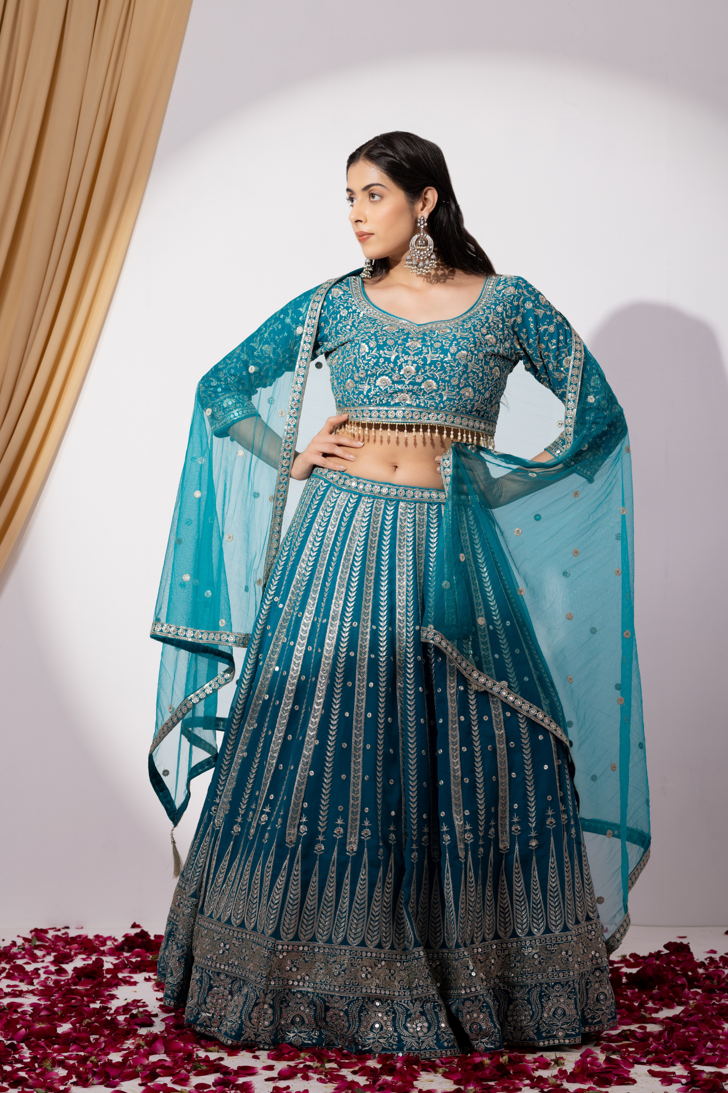 Turquoise Blue Lehenga Set with Zari Embellished Blouse and Embellished Cape