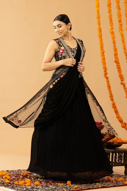 Black Georgette Draped Jacket Saree Set