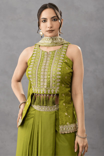 Green Embroidered Peplum Top with Draped Skirt