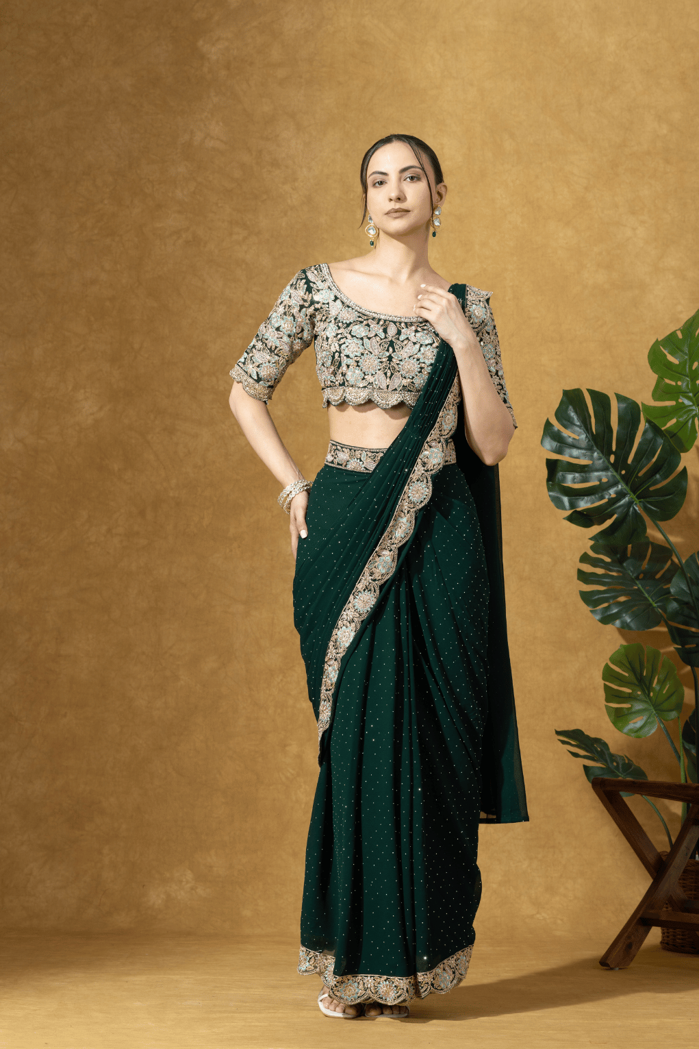 Bottle Green Embroidered Drape Saree Set