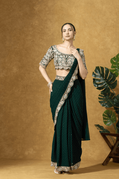 Bottle Green Embroidered Drape Saree Set