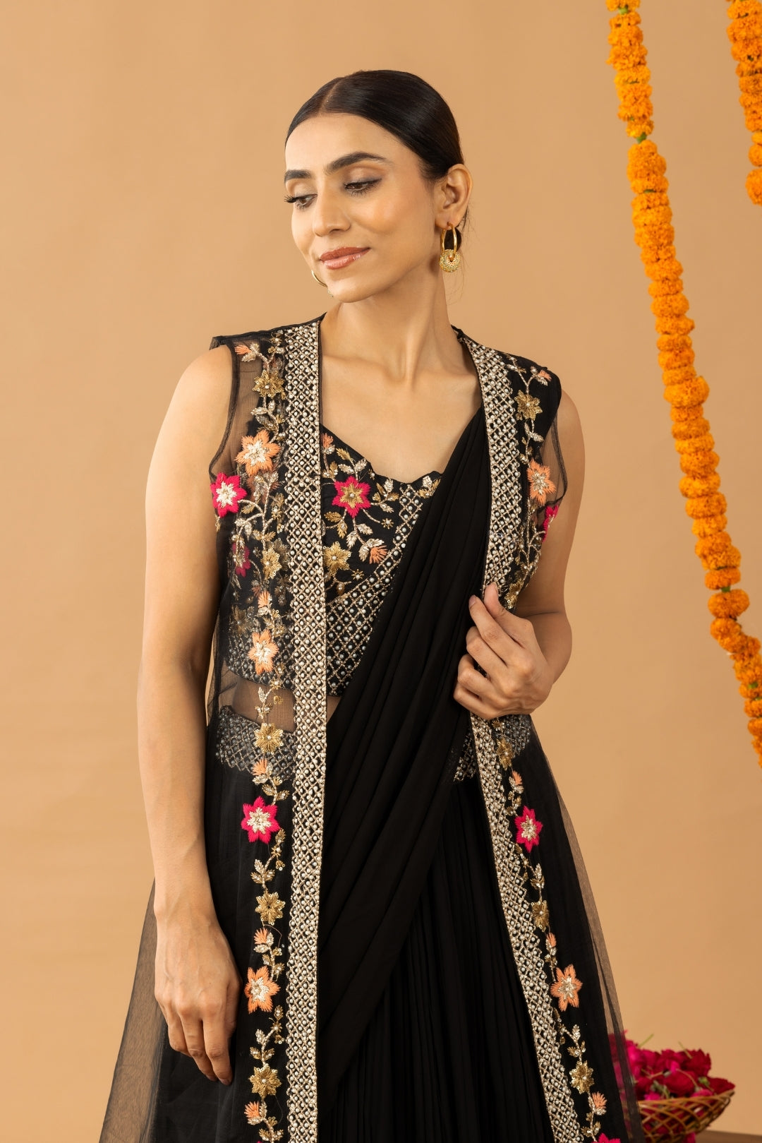 Black Georgette Draped Jacket Saree Set