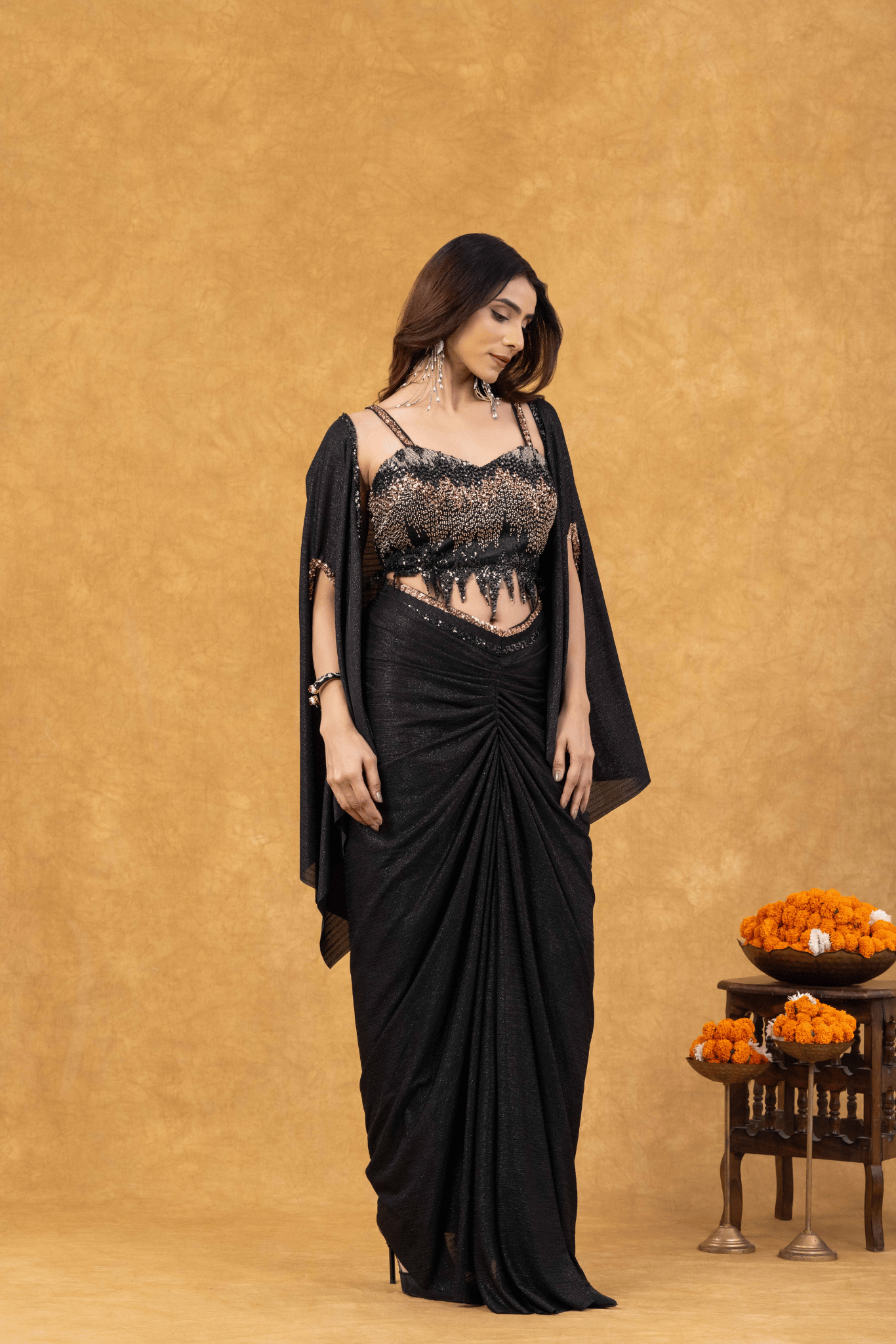 Black Mist Draped with Sequined Bustier &amp; Cape