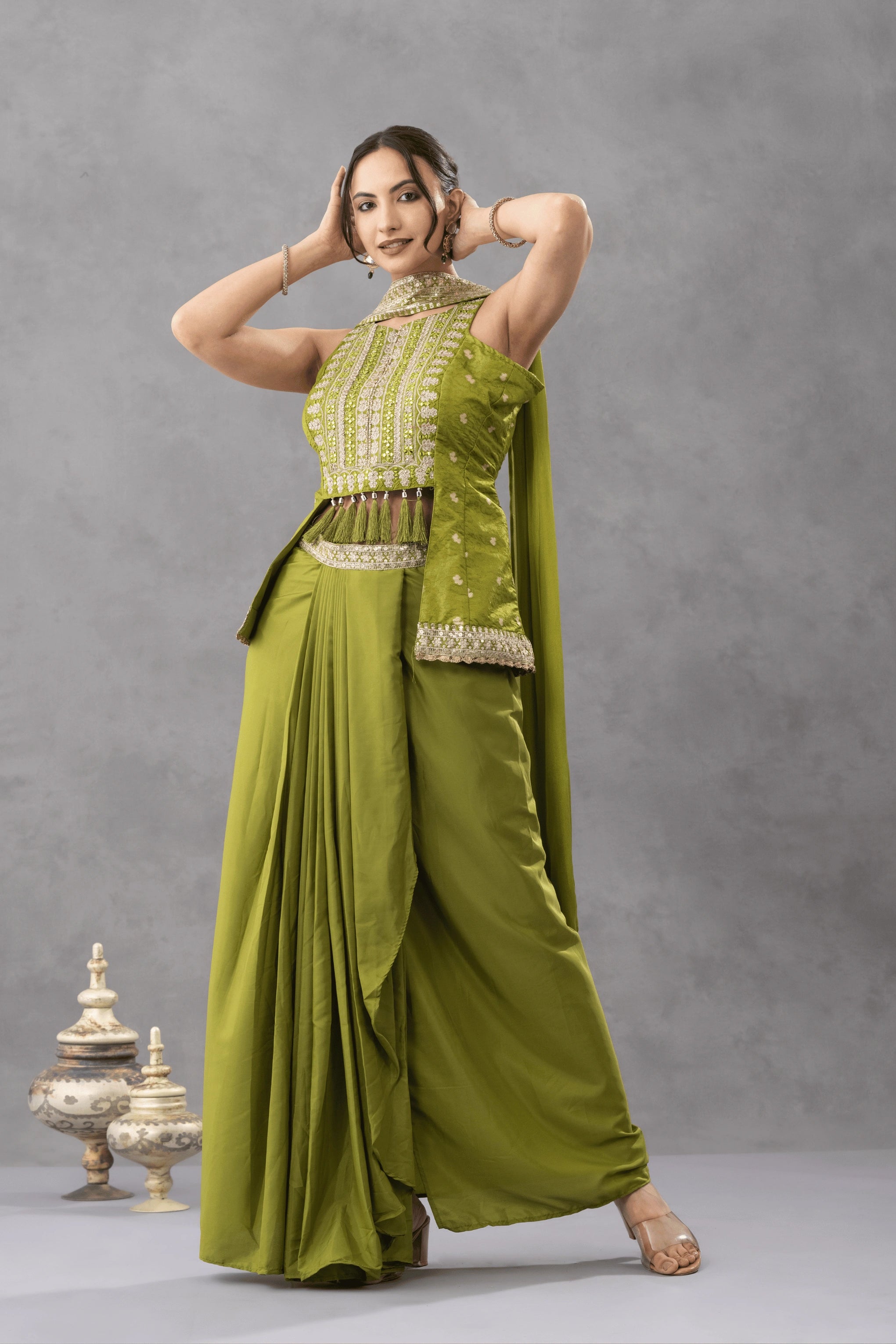 Green Embroidered Peplum Top with Draped Skirt