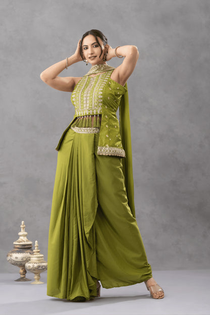 Green Embroidered Peplum Top with Draped Skirt