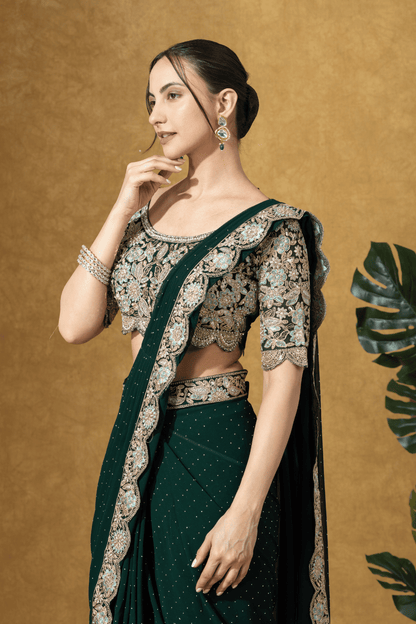 Bottle Green Embroidered Drape Saree Set