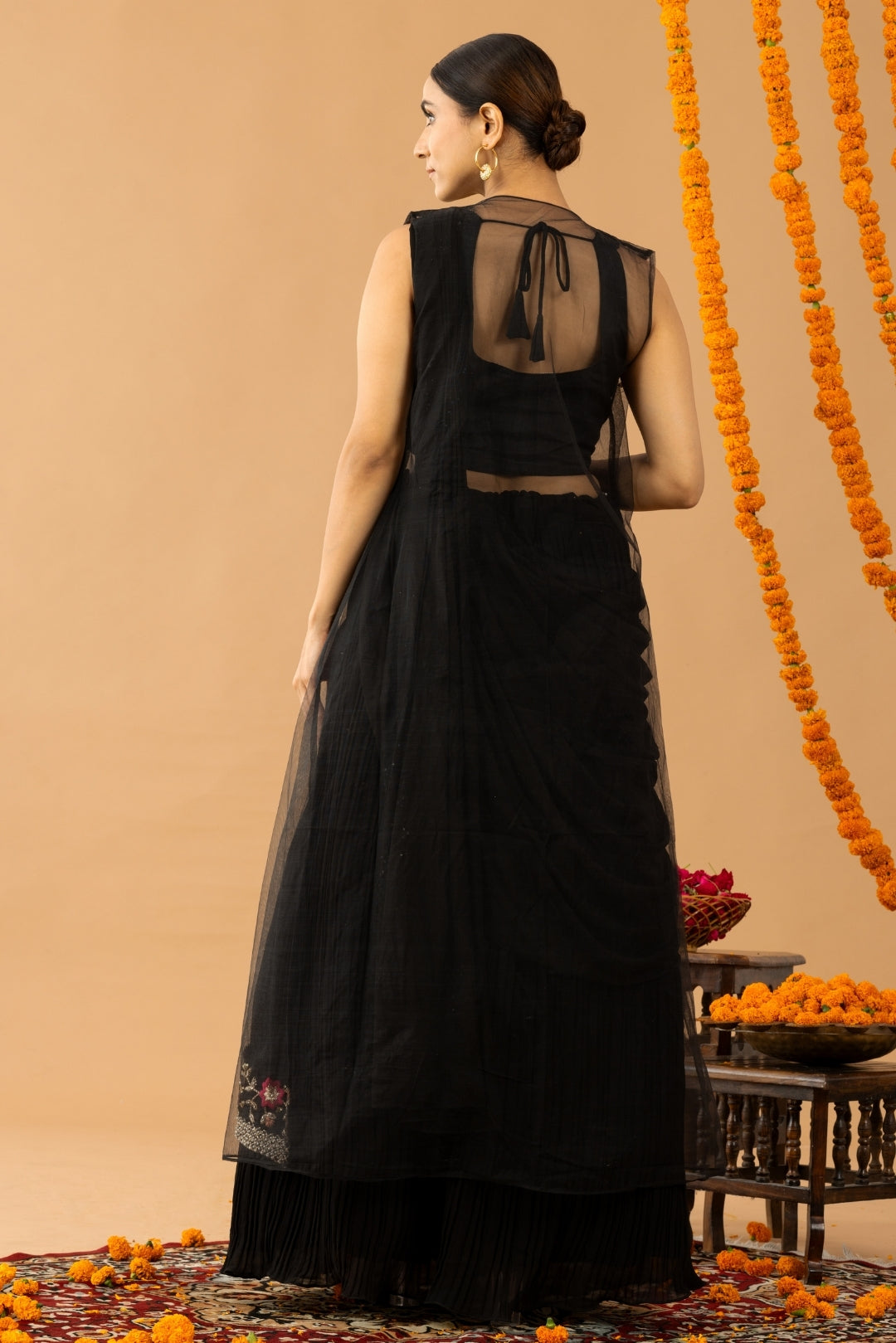 Black Georgette Draped Jacket Saree Set