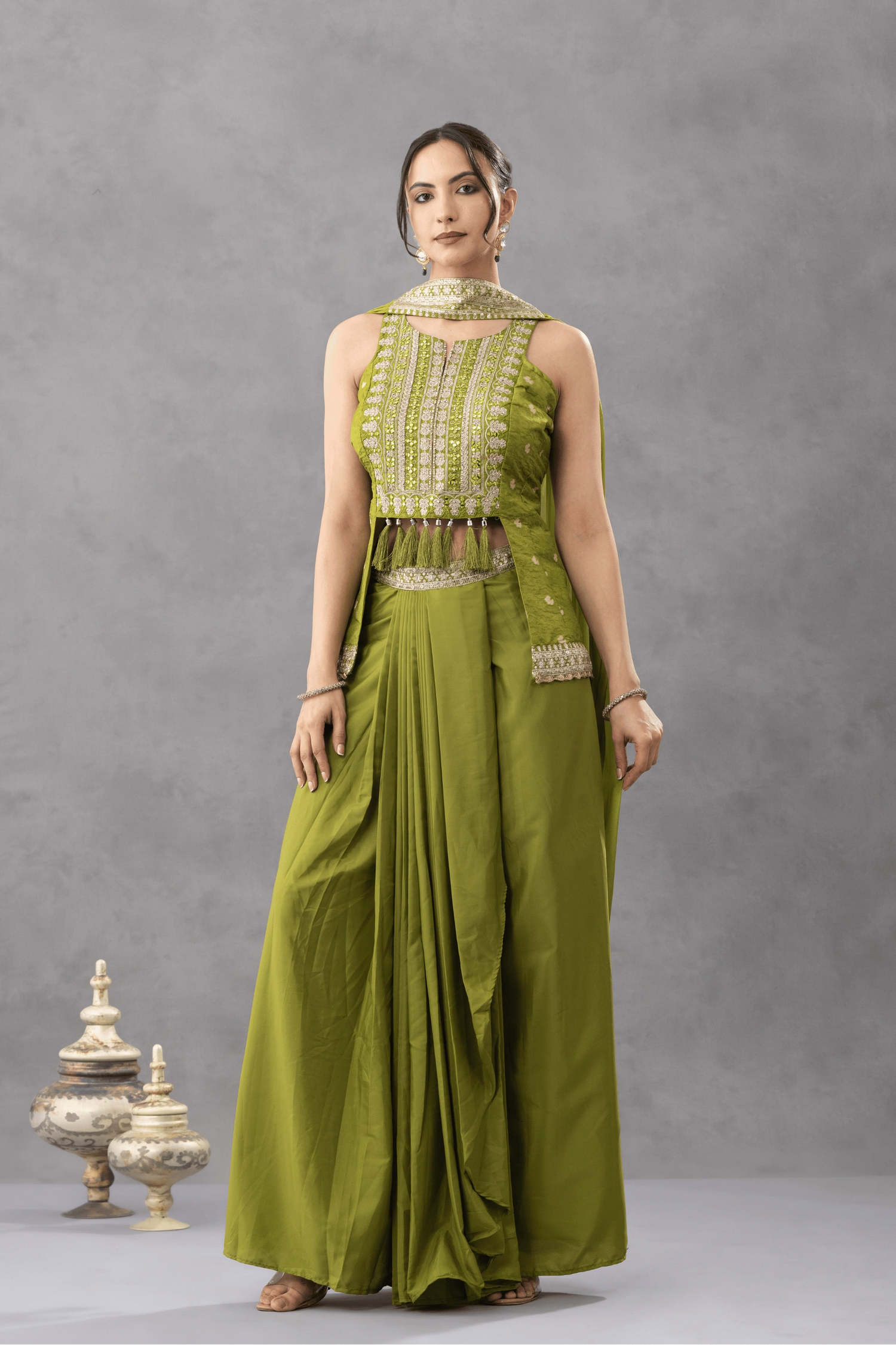Green Embroidered Peplum Top with Draped Skirt