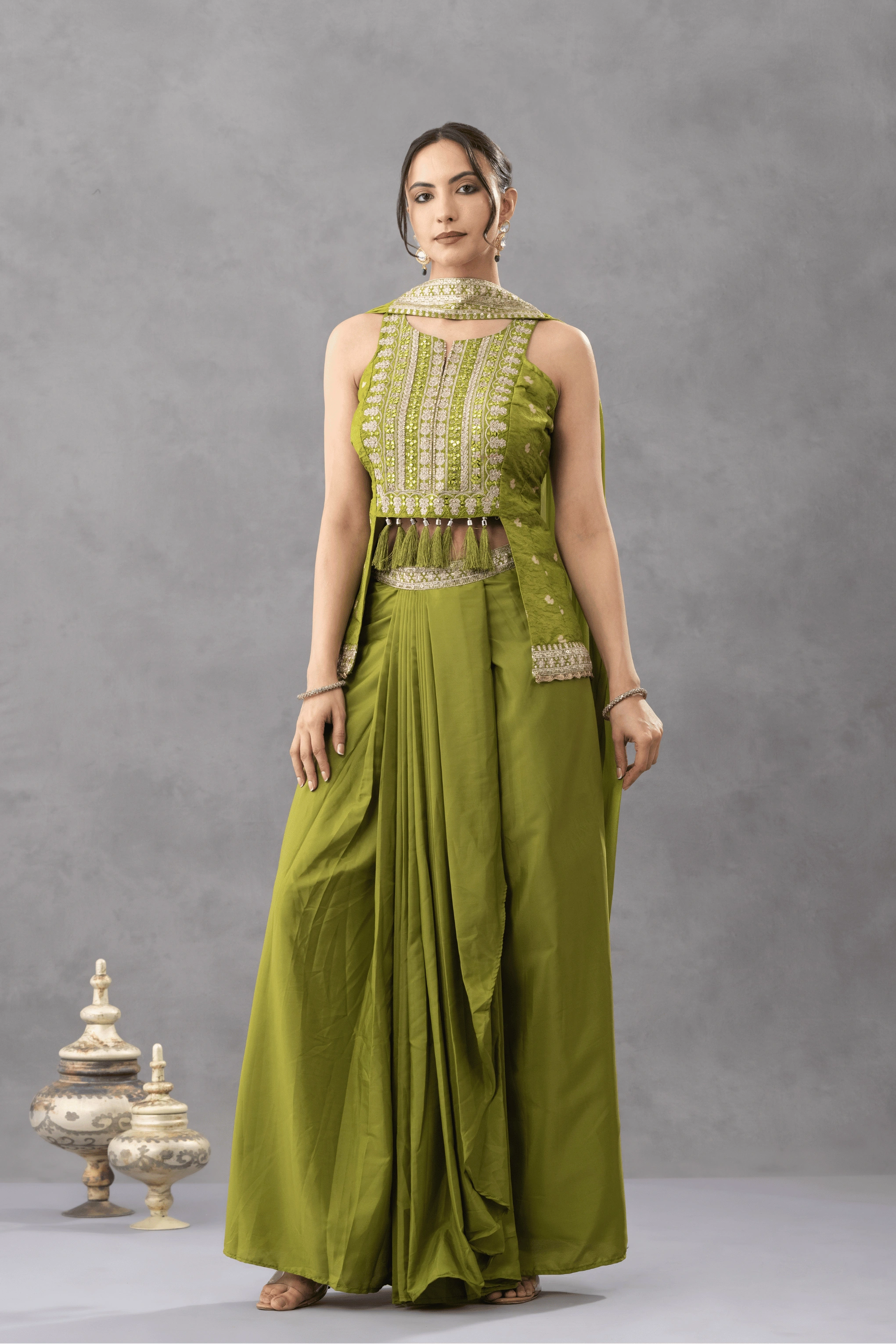 Green Embroidered Peplum Top with Draped Skirt