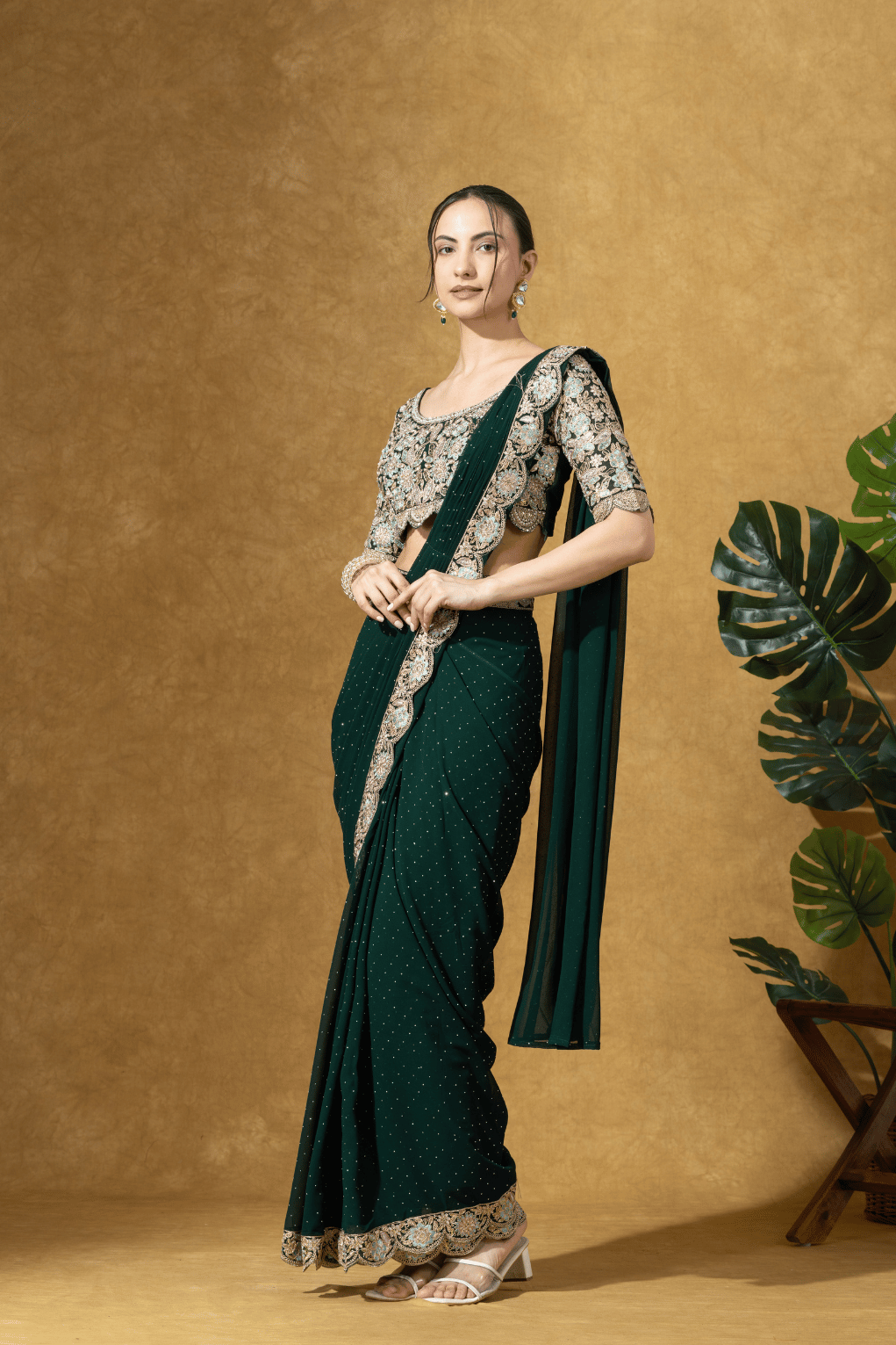 Bottle Green Embroidered Drape Saree Set