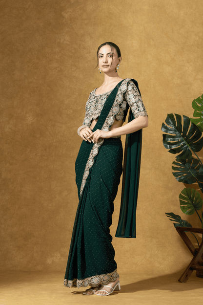 Bottle Green Embroidered Drape Saree Set