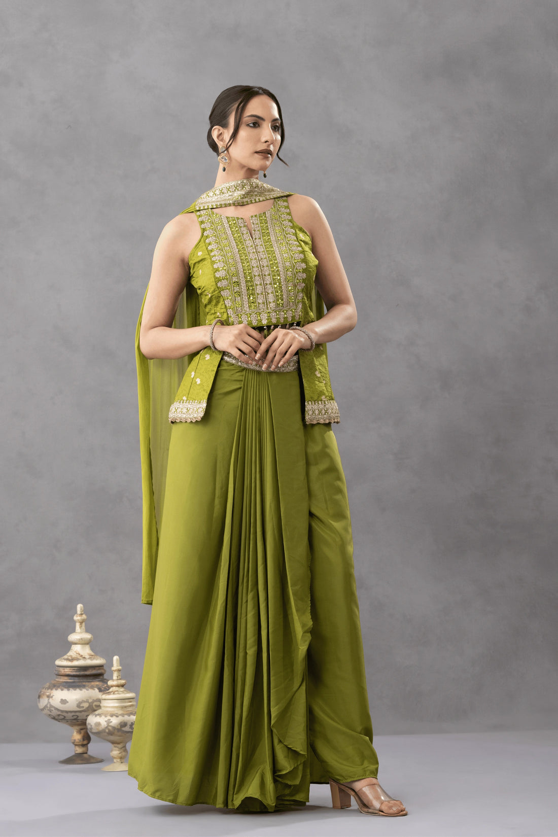 Green Embroidered Peplum Top with Draped Skirt