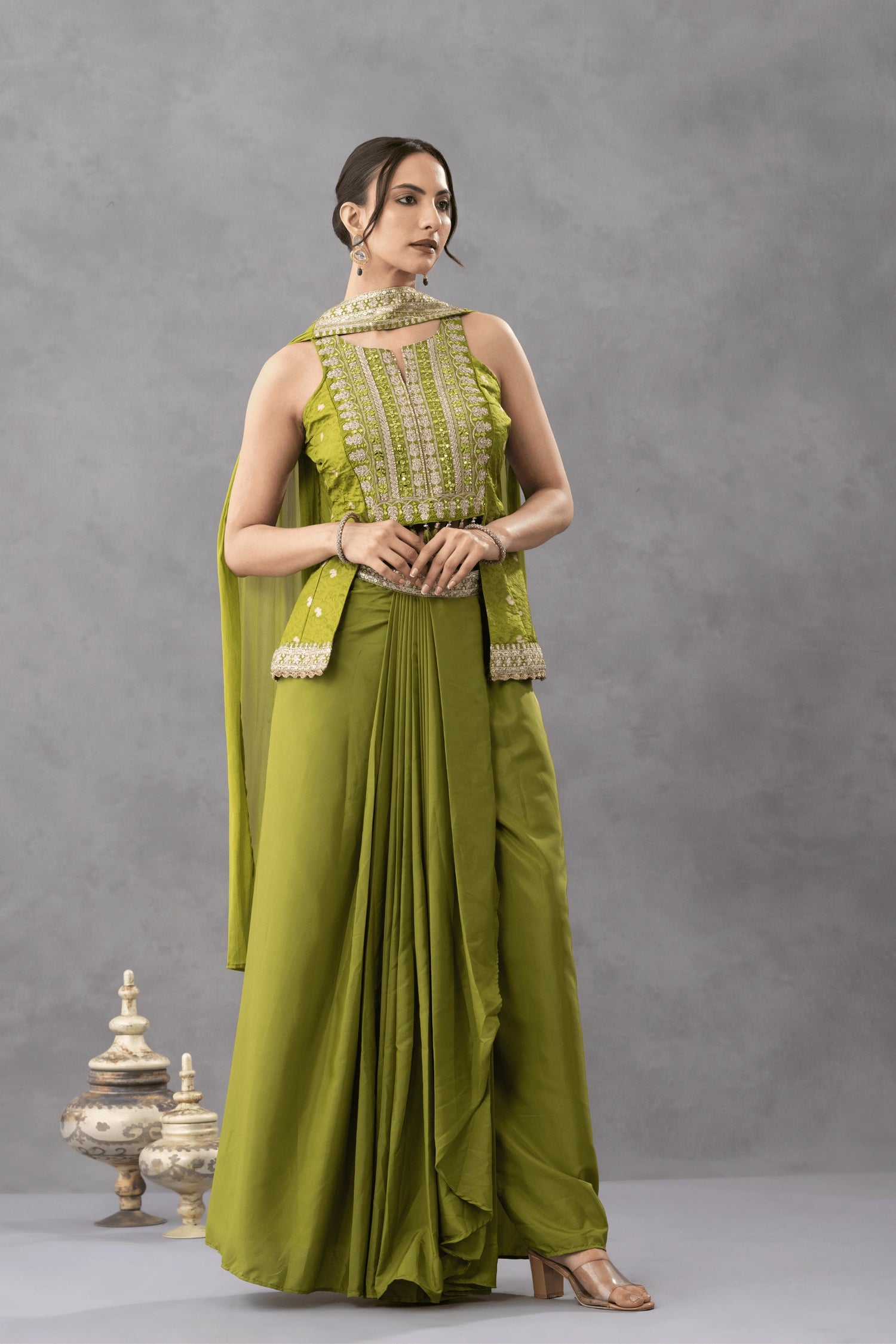 Green Embroidered Peplum Top with Draped Skirt