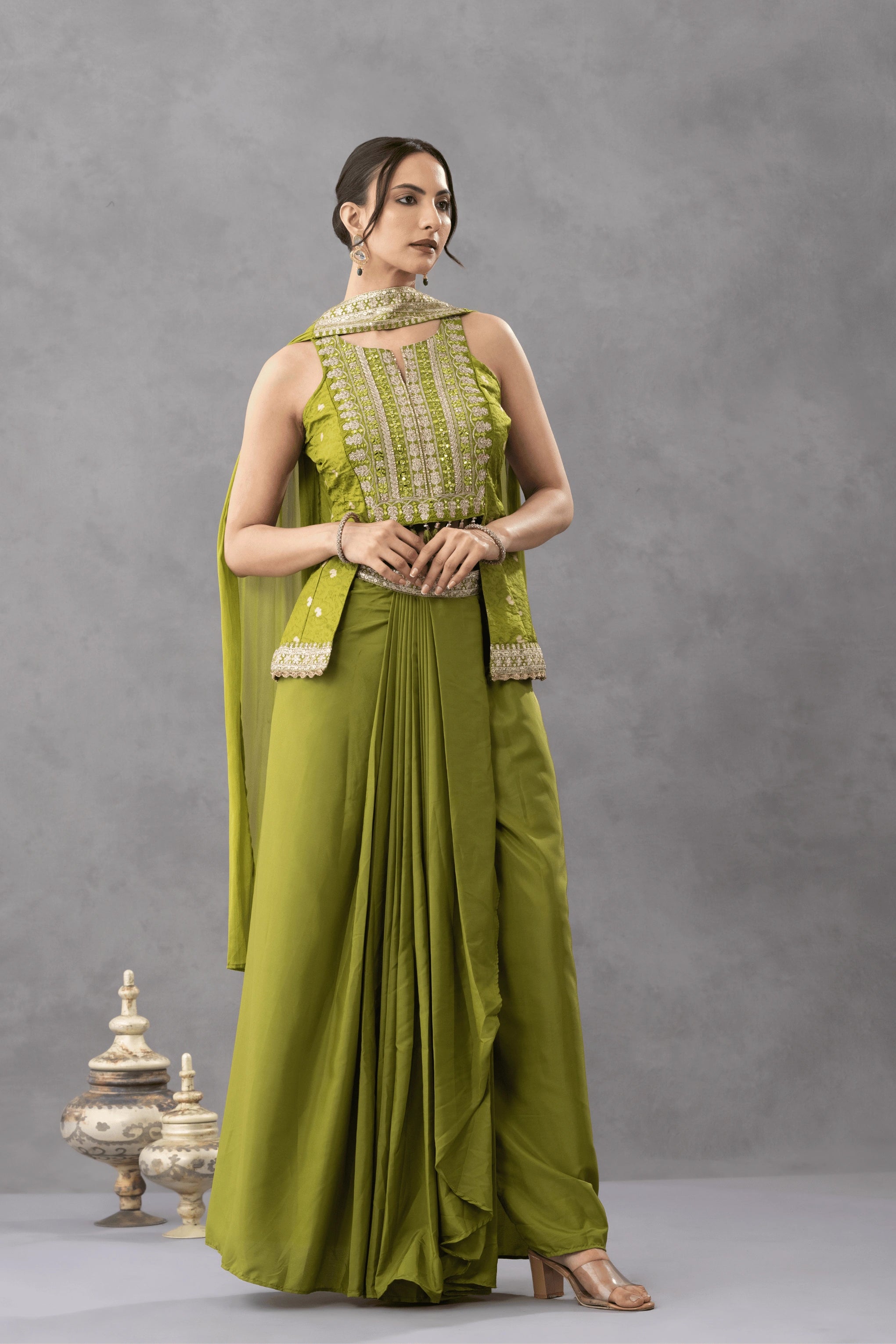Green Embroidered Peplum Top with Draped Skirt