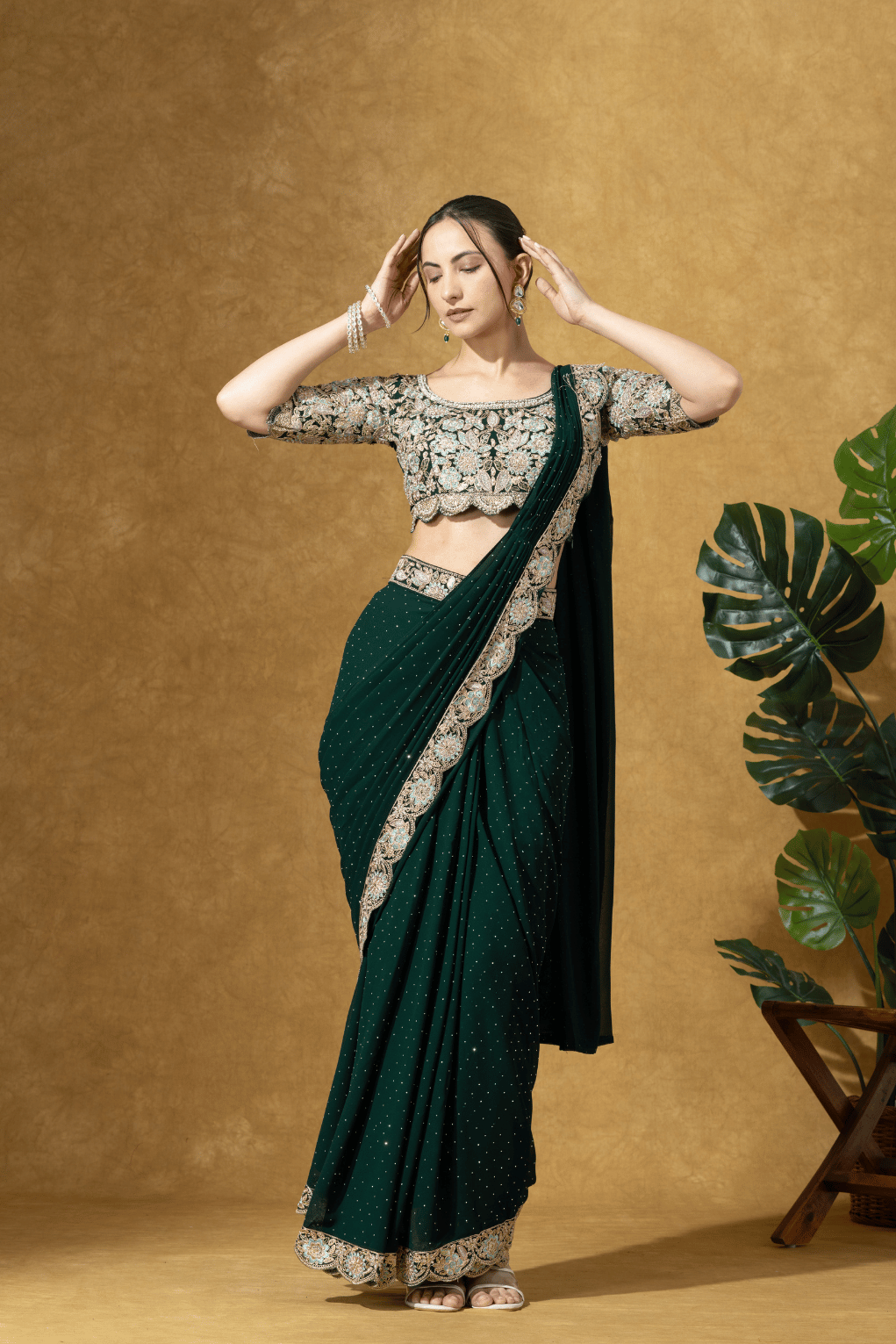 Bottle Green Embroidered Drape Saree Set