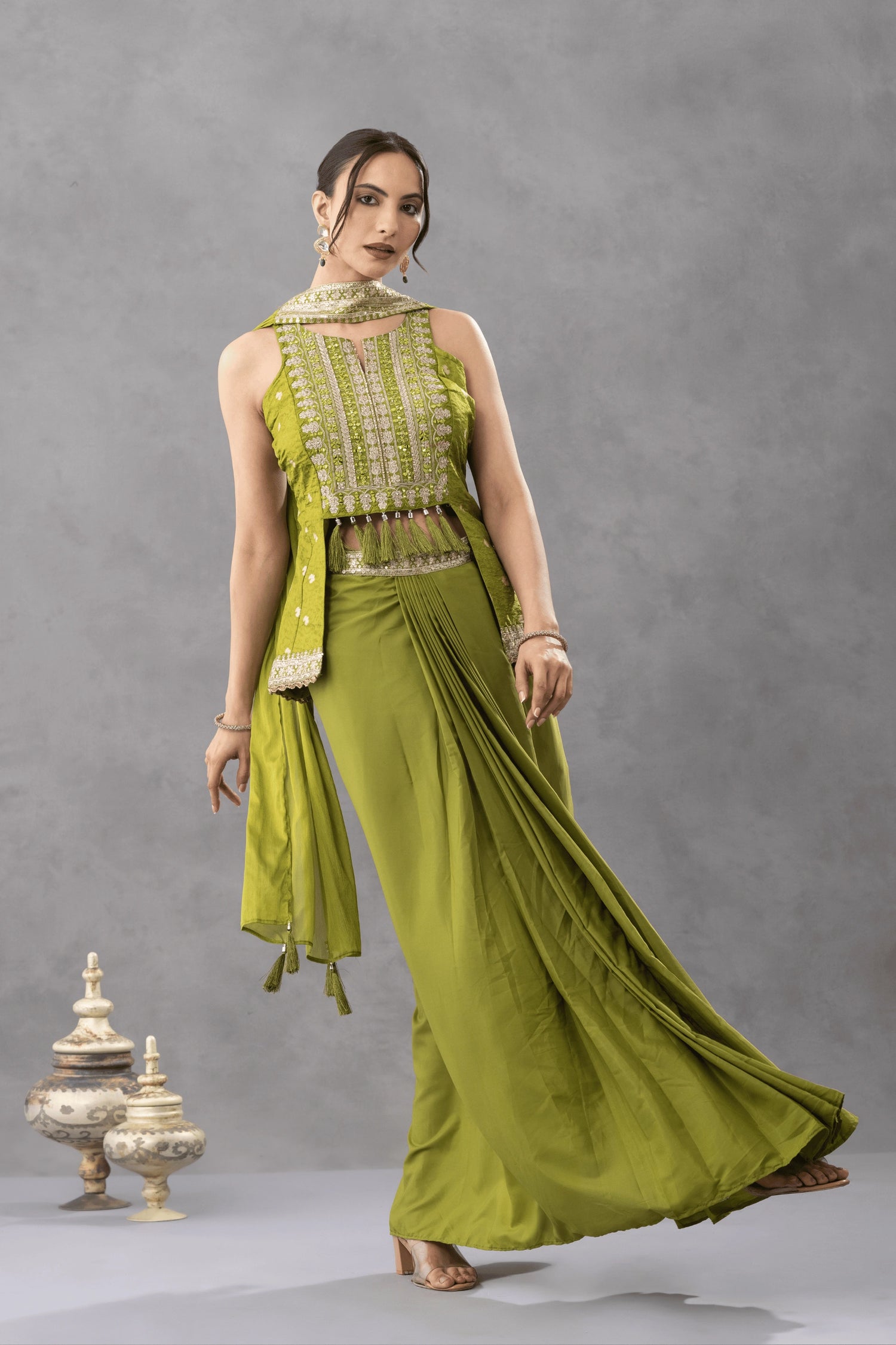 Green Embroidered Peplum Top with Draped Skirt