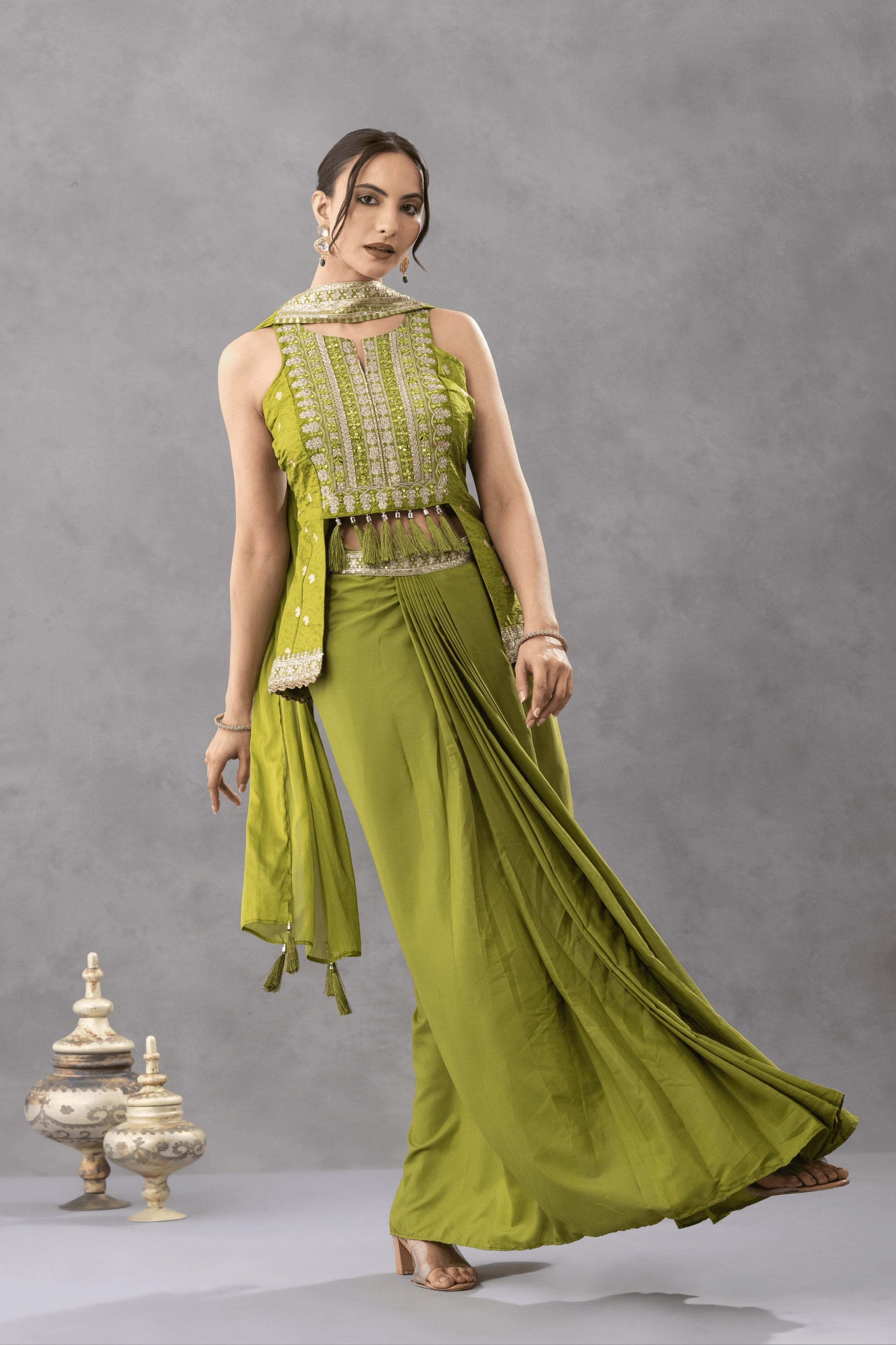 Green Embroidered Peplum Top with Draped Skirt
