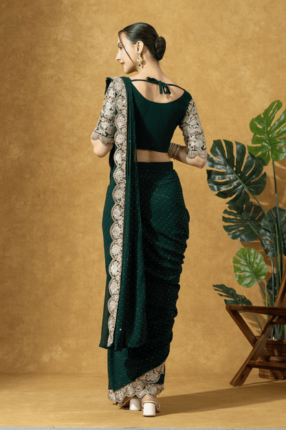 Bottle Green Embroidered Drape Saree Set