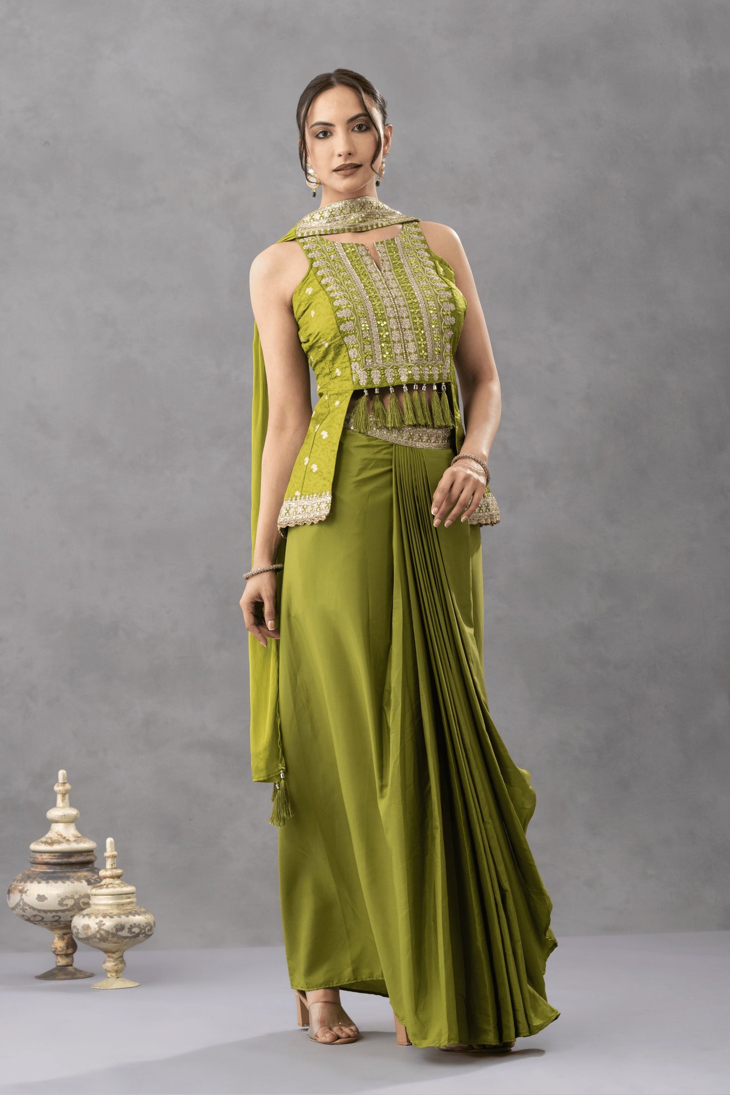 Green Embroidered Peplum Top with Draped Skirt