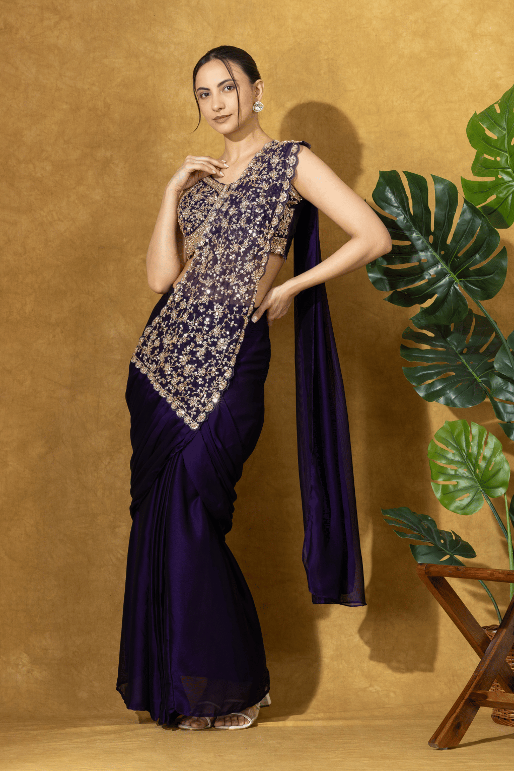 Midnight Purple Embroidered Drape Saree Set