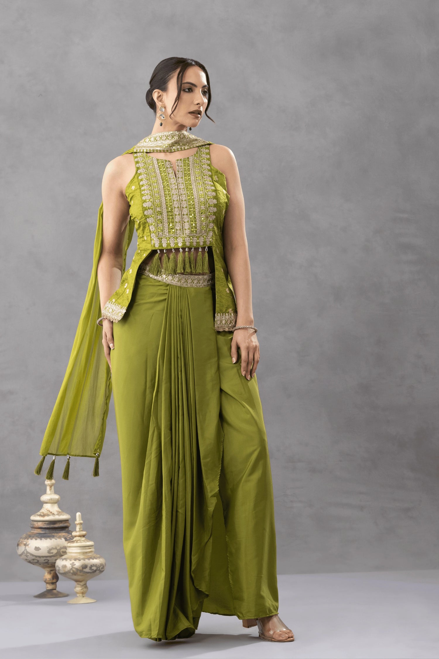 Green Embroidered Peplum Top with Draped Skirt