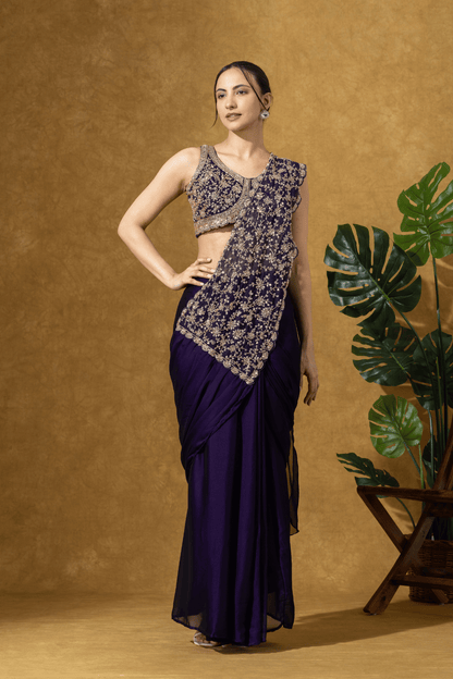 Midnight Purple Embroidered Drape Saree Set