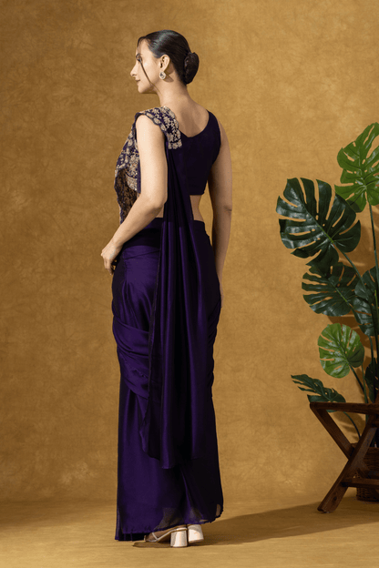 Midnight Purple Embroidered Drape Saree Set